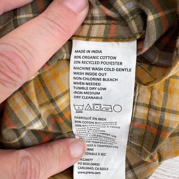 prAna Intrepid Plaid Slim Button Down Shirt Mens Large Yellow Orange Gray - Picture 7 of 9
